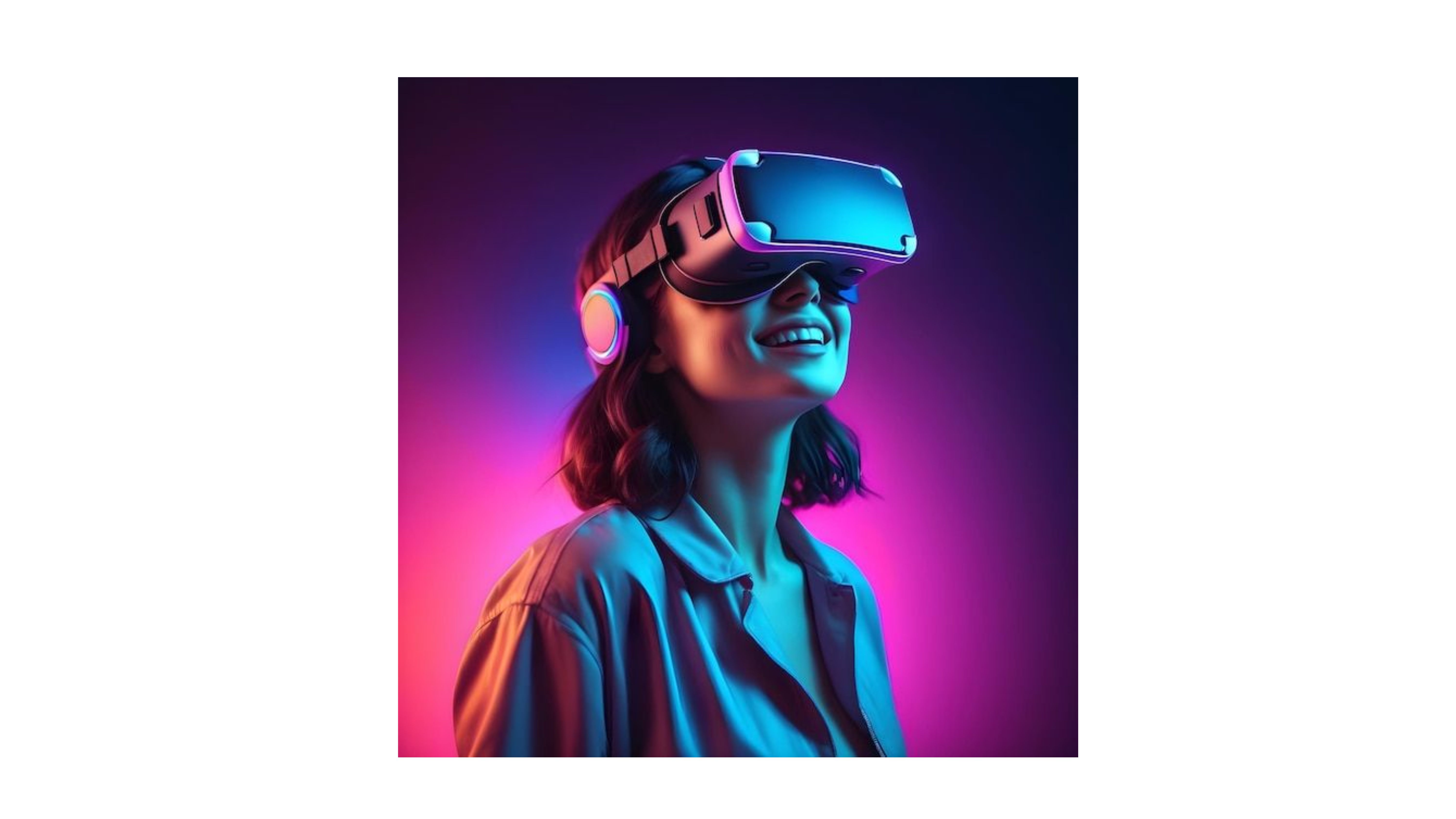 Woman wearing VR headset with neon pink and blue lighting, smiling and looking upwards